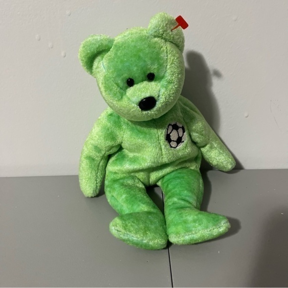 TY Beanie Baby 14" Kicks the Soccer Bear Light Green Vintage 1999